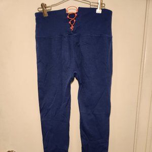 Fabletics Womens Medium High Waist Seamless Ribbed Leggings Laced Back Blue